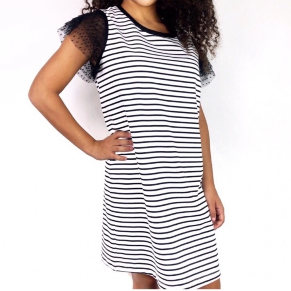 Adrienne Vittadini Black White Stripe Mini Dress Ruffle Lace Sleeve Large Chic
